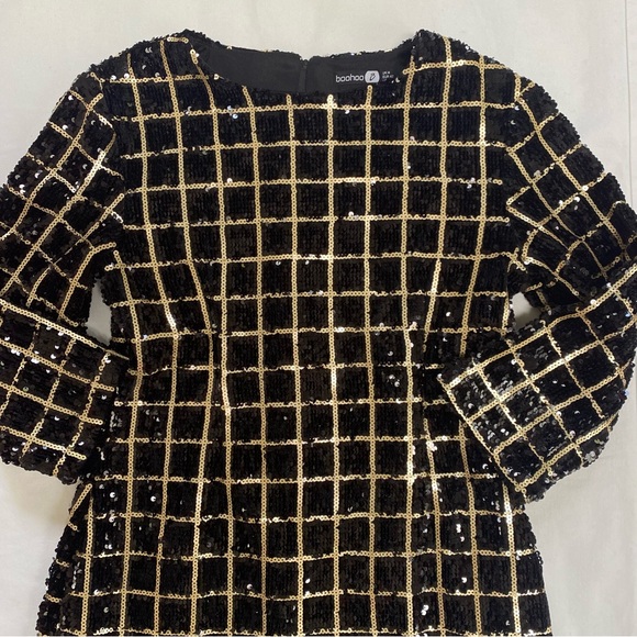 Boohoo Sequin Grid Check Mini Dress Size 10 Black Gold - Picture 2 of 10